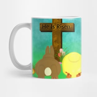 He Is Risen! The Easter Bunny and Chick Bow to Cross Mug